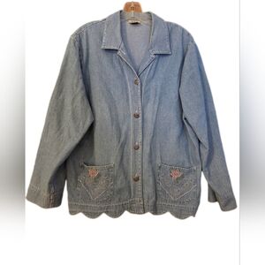 Vintage TEDDI Light Wash Embrodiered Denim Jacket ScallopedHem Spring Size Large